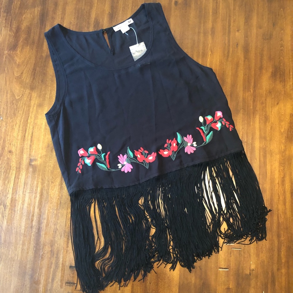Embroidered Sheer Black Cropped Tank Top, Size S
